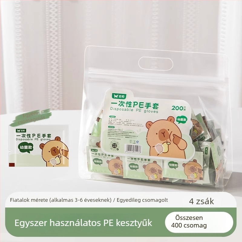 Gyermekeknek szánt egyszer használatos kesztyűk, élelmiszer-minőségű, egyedi csomagolás, vastított PE, átlátszó, csúszásmentes, szabadtéri piknikhez