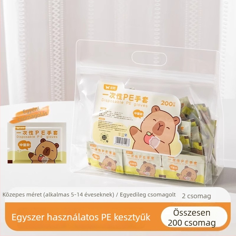 Gyermekeknek szánt egyszer használatos kesztyűk, élelmiszer-minőségű, egyedi csomagolás, vastított PE, átlátszó, csúszásmentes, szabadtéri piknikhez
