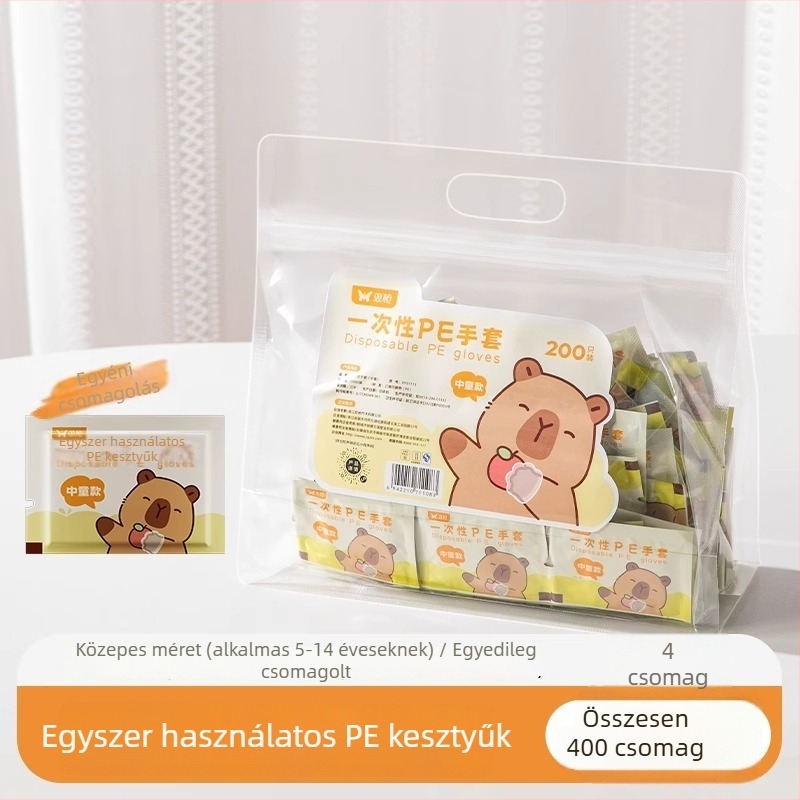 Gyermekeknek szánt egyszer használatos kesztyűk, élelmiszer-minőségű, egyedi csomagolás, vastított PE, átlátszó, csúszásmentes, szabadtéri piknikhez