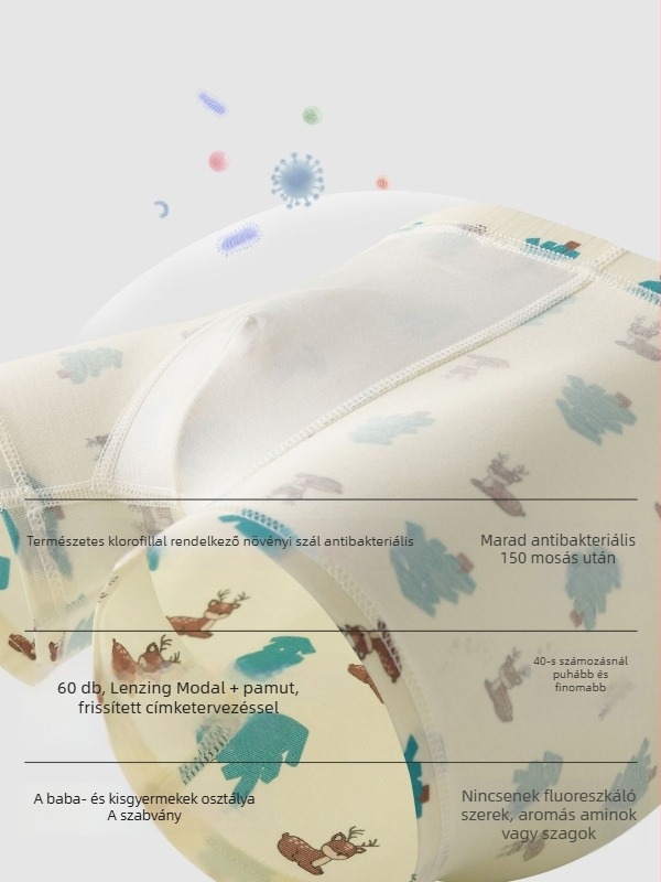 Gyerekek antibakteriális alsóneműk, 7A, pamut-modál keverék, 47,5% pamut, 47,5% Tencel Modal, 5% elasztán, középmagas derekú, 3–8 éveseknek