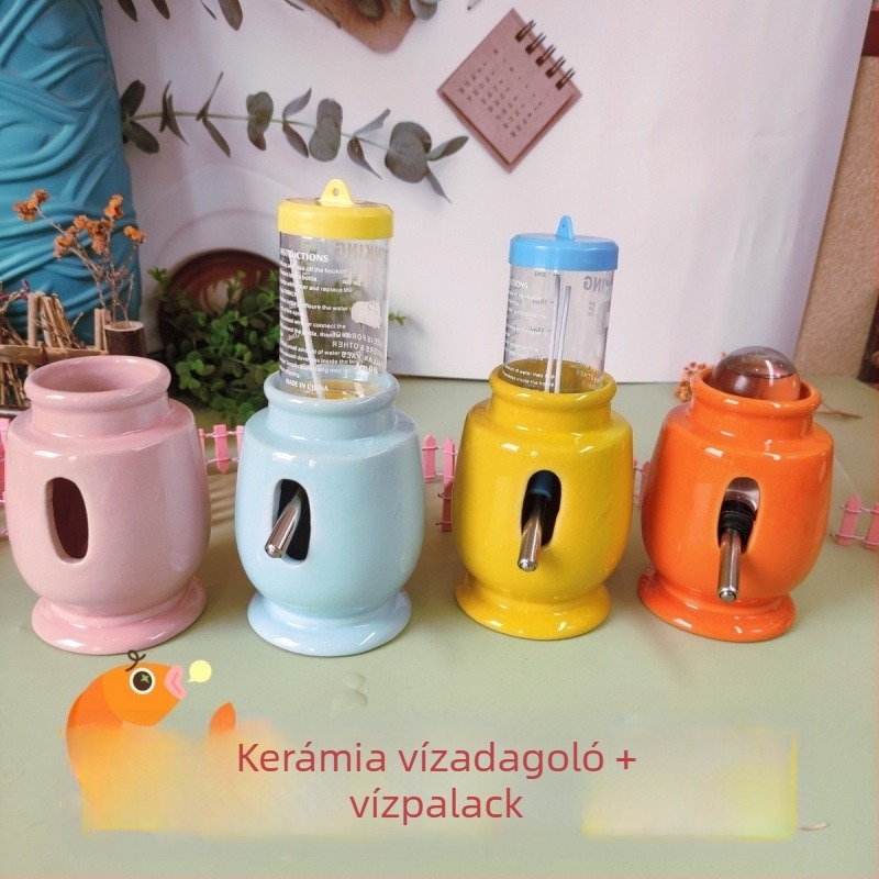 Hamsternek készült kerámia vízpalack, etetőtál és golyós ivóvíz-automat a tartón