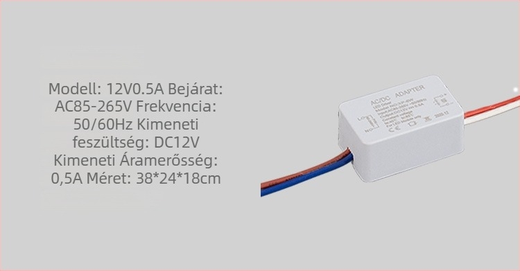 LED kapcsolóüzemű tápegység gumiborítású házzal, 12V bemenet, 6/12/24/36W kimenet, IP20, CE tanúsított