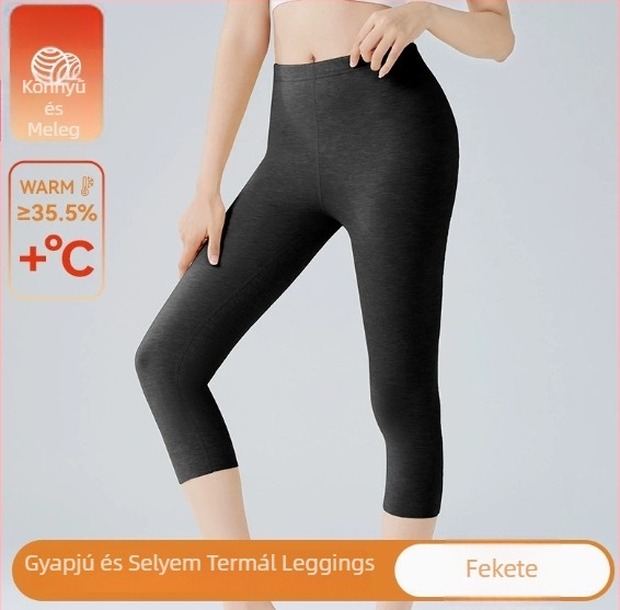Női őszi-téli termo nadrág, vastag gyapjú-flízes bélés, 7/8 hosszú, alapréteg, magas derék, karcsú szabás, plus size