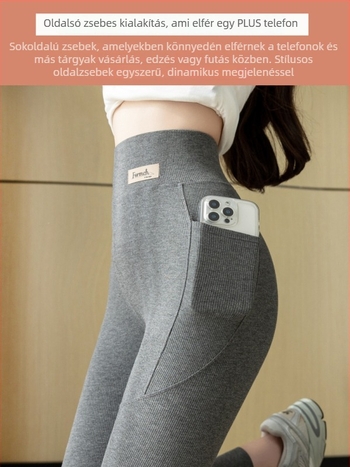 Oldalsó zsebes bordázott pamut jóga nadrág, 9 pontos hossz, rayon-spandex keverék, magas rugalmasság