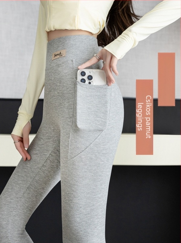 Oldalsó zsebes bordázott pamut jóga nadrág, 9 pontos hossz, rayon-spandex keverék, magas rugalmasság