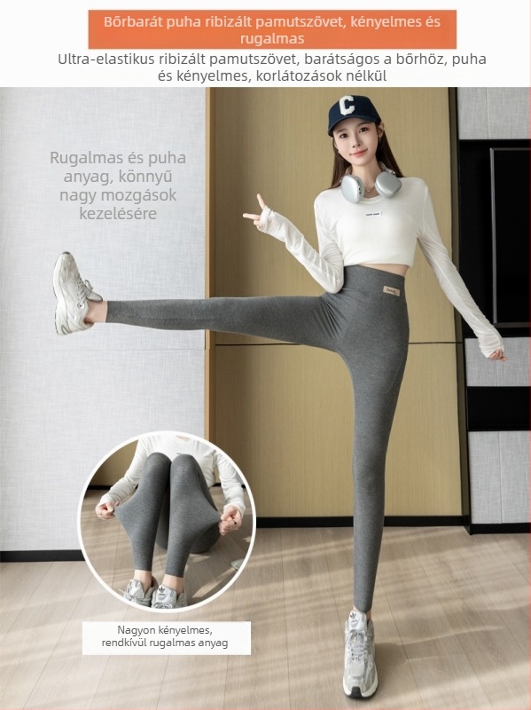 Oldalsó zsebes bordázott pamut jóga nadrág, 9 pontos hossz, rayon-spandex keverék, magas rugalmasság