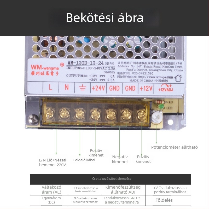 Wangma 120W kétkimenetes kapcsolóüzemű tápegység, 12V/24V, bemenet 85–264VAC / 120–370VDC