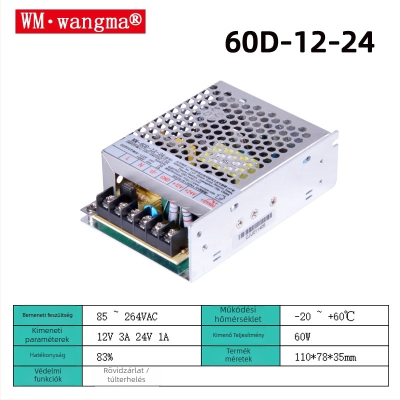 Wangma 120W kétkimenetes kapcsolóüzemű tápegység, 12V/24V, bemenet 85–264VAC / 120–370VDC