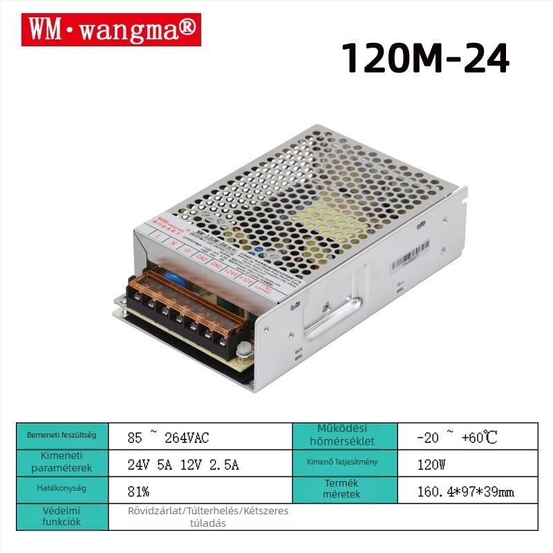 Wangma 120W kétkimenetes kapcsolóüzemű tápegység, 12V/24V, bemenet 85–264VAC / 120–370VDC