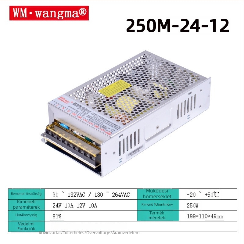 Wangma 120W kétkimenetes kapcsolóüzemű tápegység, 12V/24V, bemenet 85–264VAC / 120–370VDC