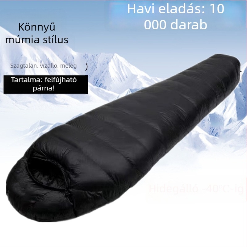 Kültéri tollal töltött hálózsák felnőttjeknek — téli, mínusz fok alatti hőmérsékletekre, két személyes, vast pehelytöltet, meleg és vízálló