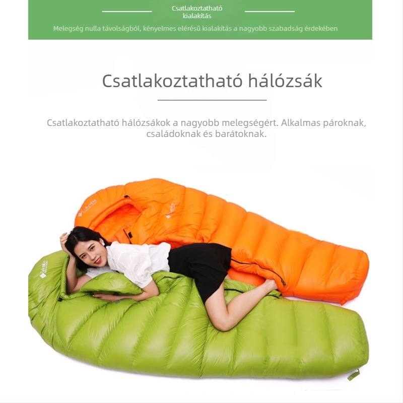 Kültéri tollal töltött hálózsák felnőttjeknek — téli, mínusz fok alatti hőmérsékletekre, két személyes, vast pehelytöltet, meleg és vízálló
