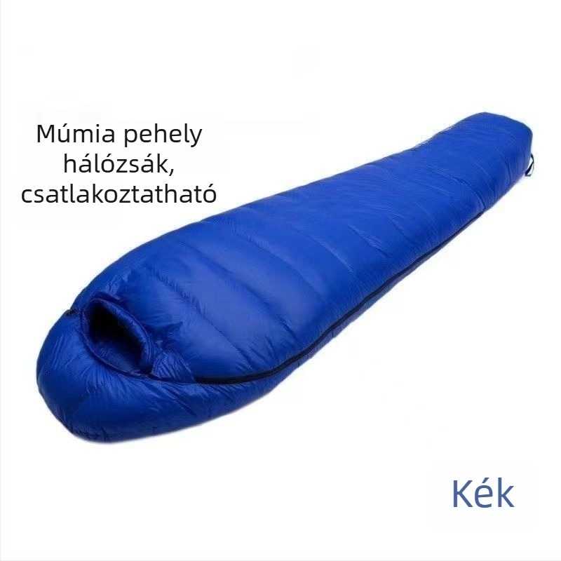 Kültéri tollal töltött hálózsák felnőttjeknek — téli, mínusz fok alatti hőmérsékletekre, két személyes, vast pehelytöltet, meleg és vízálló