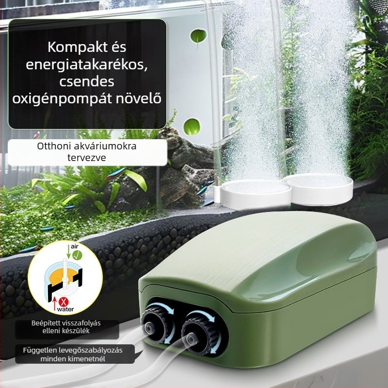 Akvaris oxigénszivattyú, csendes, kompakt, kettős nyílás, szabályozható oxigénáramlás, otthoni akváriumhoz