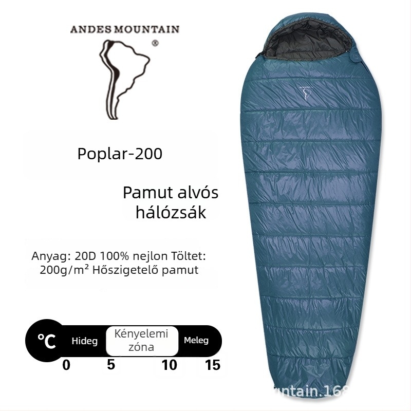 Felnőtt kültéri hálózsák, pamut töltet, 20D nylon bélés, borítékos kialakítás, utazáshoz hordozható