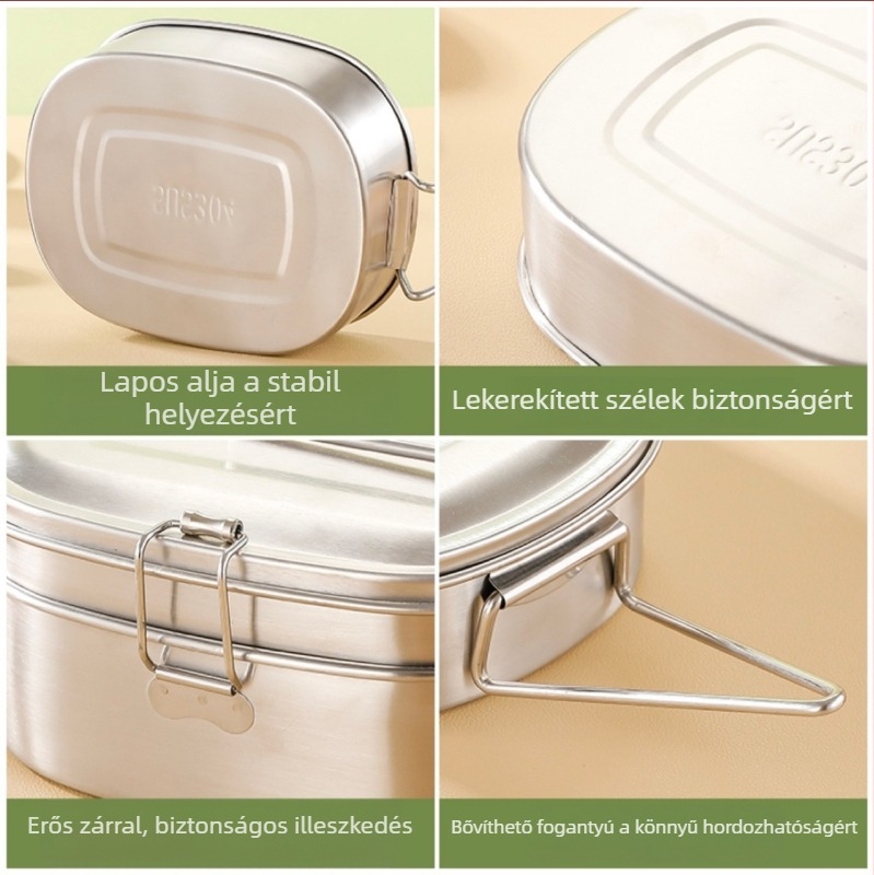 304 rozsdamentes acél ebédes doboz, gőzölhető kétszintes Bento doboz elválasztókkal, ovális alakú