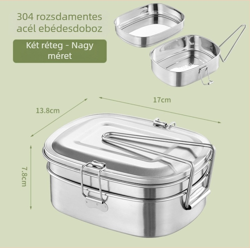 304 rozsdamentes acél ebédes doboz, gőzölhető kétszintes Bento doboz elválasztókkal, ovális alakú