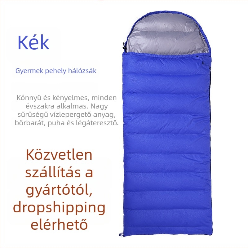 Gyerekeknek szóló pehelytöltéses hálózsák kültéri kempingezéshez, általános iskolás korosztálynak, boríték-stílusú, meleg és szennyeződésálló.
