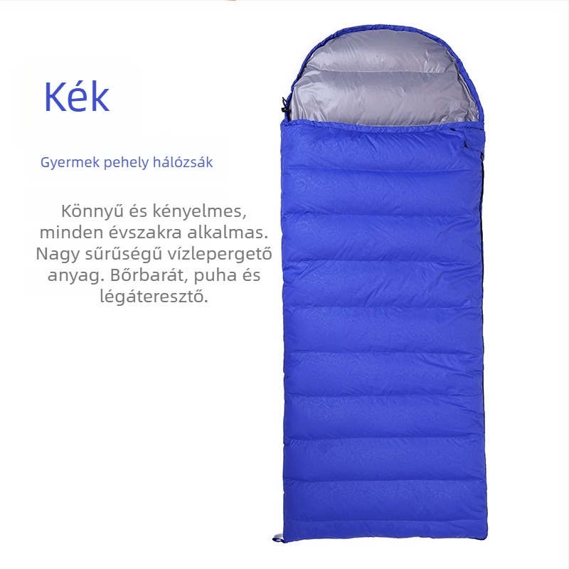 Gyerekeknek szóló pehelytöltéses hálózsák kültéri kempingezéshez, általános iskolás korosztálynak, boríték-stílusú, meleg és szennyeződésálló.