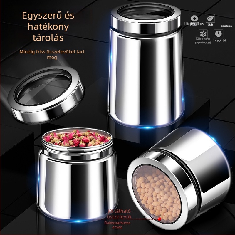 316 rozsdamentes acélból készült zárható tároló kávébabok és teák számára, kör alakú, 1–2 L, modern minimalista stílus, testreszabás elérhető