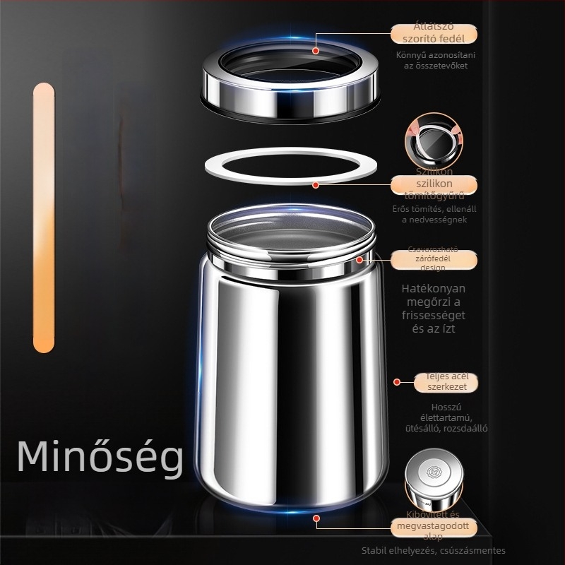 316 rozsdamentes acélból készült zárható tároló kávébabok és teák számára, kör alakú, 1–2 L, modern minimalista stílus, testreszabás elérhető