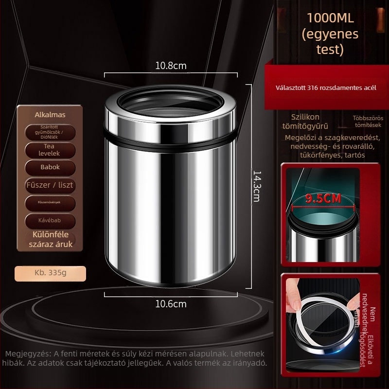 316 rozsdamentes acélból készült zárható tároló kávébabok és teák számára, kör alakú, 1–2 L, modern minimalista stílus, testreszabás elérhető