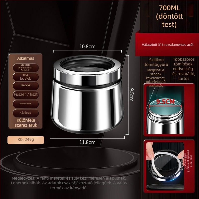 316 rozsdamentes acélból készült zárható tároló kávébabok és teák számára, kör alakú, 1–2 L, modern minimalista stílus, testreszabás elérhető