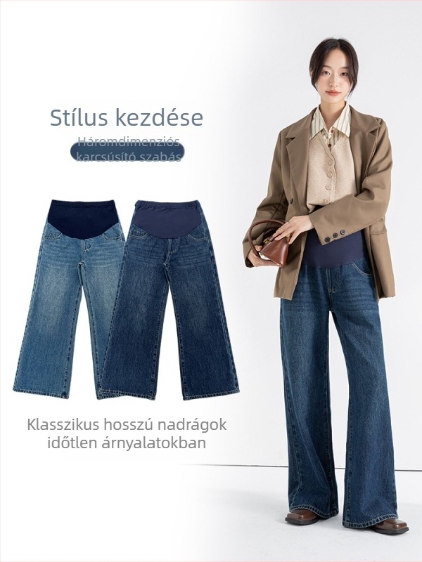 Terhességi farmernadrág – lazán szabott, széles szár, pamut 80–90%, hasi támogatás