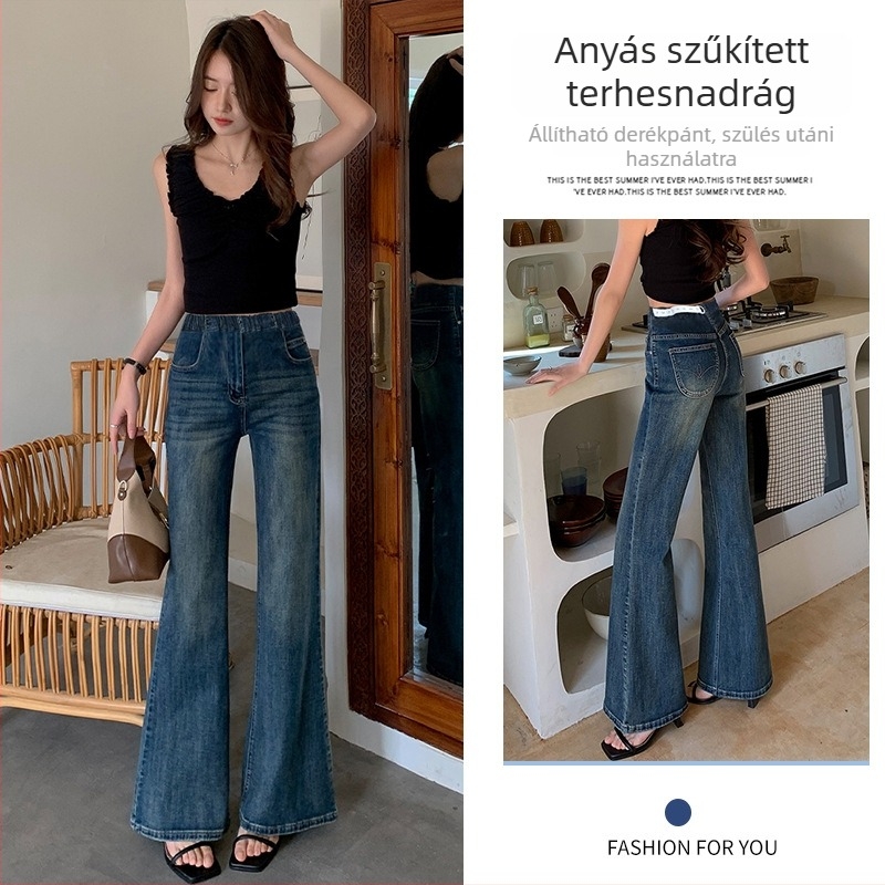 Kismama flared denim farmernadrág - popóemelő hatás, nem rugalmas, poliészter 80-90%-os keverék, egész éves viselet