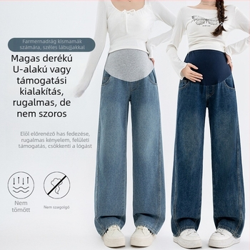 Kismama denimnadrág, magas derekú, laza szabású, hosszú nadrág, terhesség támogatással