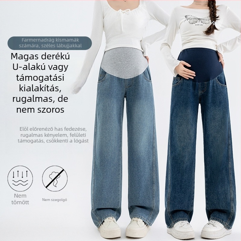 Kismama denimnadrág, magas derekú, laza szabású, hosszú nadrág, terhesség támogatással