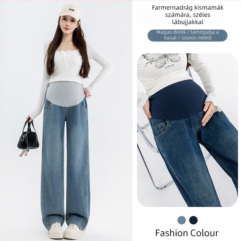 Kismama denimnadrág, magas derekú, laza szabású, hosszú nadrág, terhesség támogatással