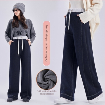 Kismama denim széles lábú nadrág, magas derékkal, zsinórral és téli vastag fleece meleg