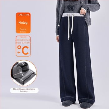 Kismama denim széles lábú nadrág, magas derékkal, zsinórral és téli vastag fleece meleg
