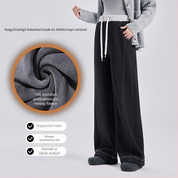 Kismama denim széles lábú nadrág, magas derékkal, zsinórral és téli vastag fleece meleg