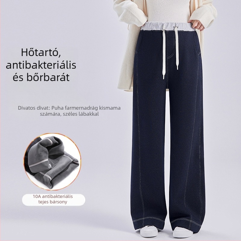 Kismama denim széles lábú nadrág, magas derékkal, zsinórral és téli vastag fleece meleg
