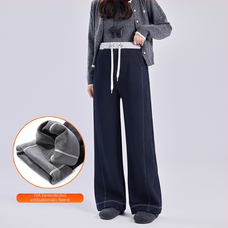 Kismama denim széles lábú nadrág, magas derékkal, zsinórral és téli vastag fleece meleg