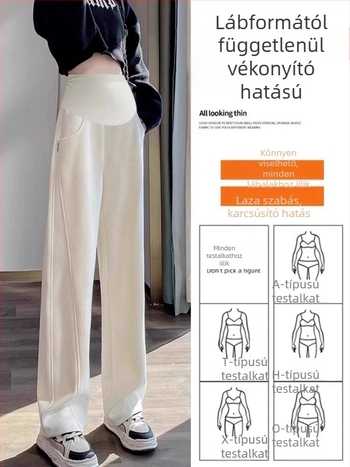 Kismama nadrág külső viseletre, tavasz–ősz 2026, új stílus, fleece bélés, vastag, széles vágású, plusz méret, pocak-támasz, kényelmes szabás