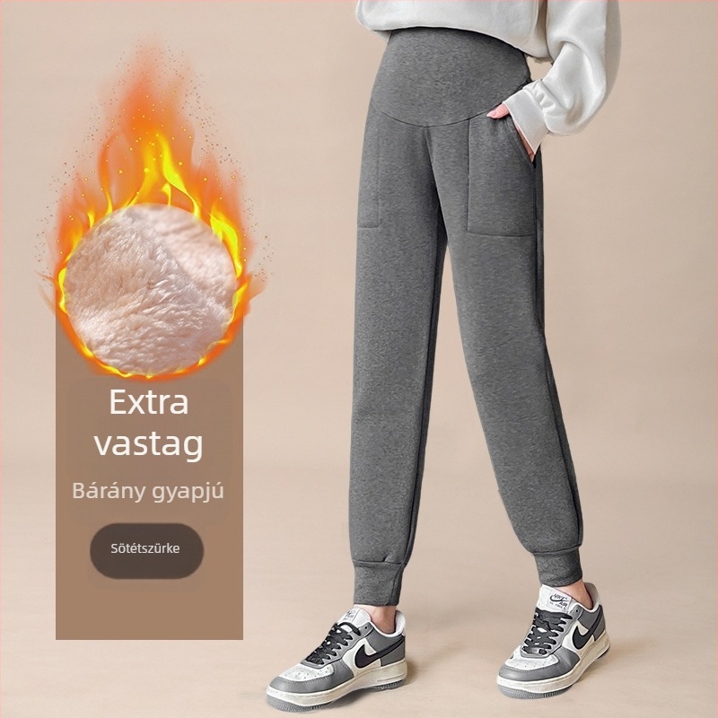 Női terhességi pamutnadrág báránygyapjú plüss bélés, téli modell 2026, nagy méret, külső viseletre, vastag és meleg, sportos edzőnadrág
