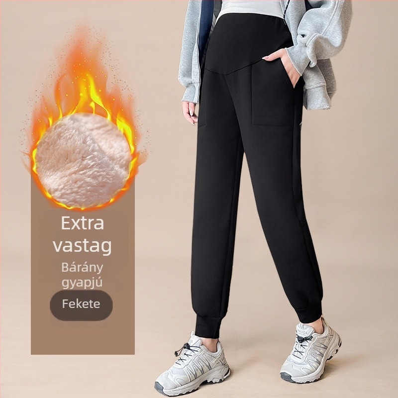 Női terhességi pamutnadrág báránygyapjú plüss bélés, téli modell 2026, nagy méret, külső viseletre, vastag és meleg, sportos edzőnadrág
