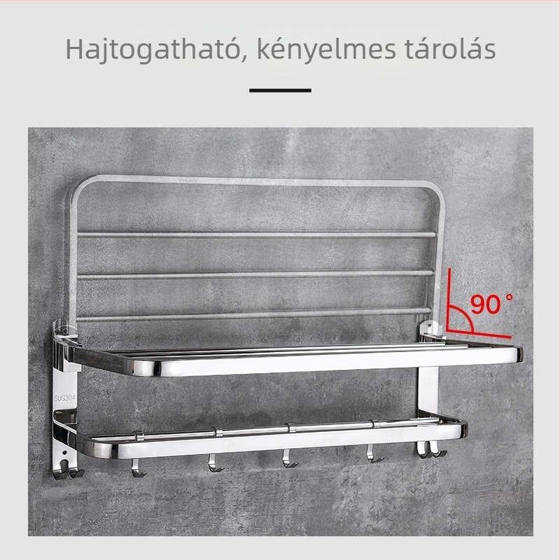 304 rozsdamentes acél hajtogatható törölközőtartó, falra szerelhető, 2 szint, teherbírás 50 kg