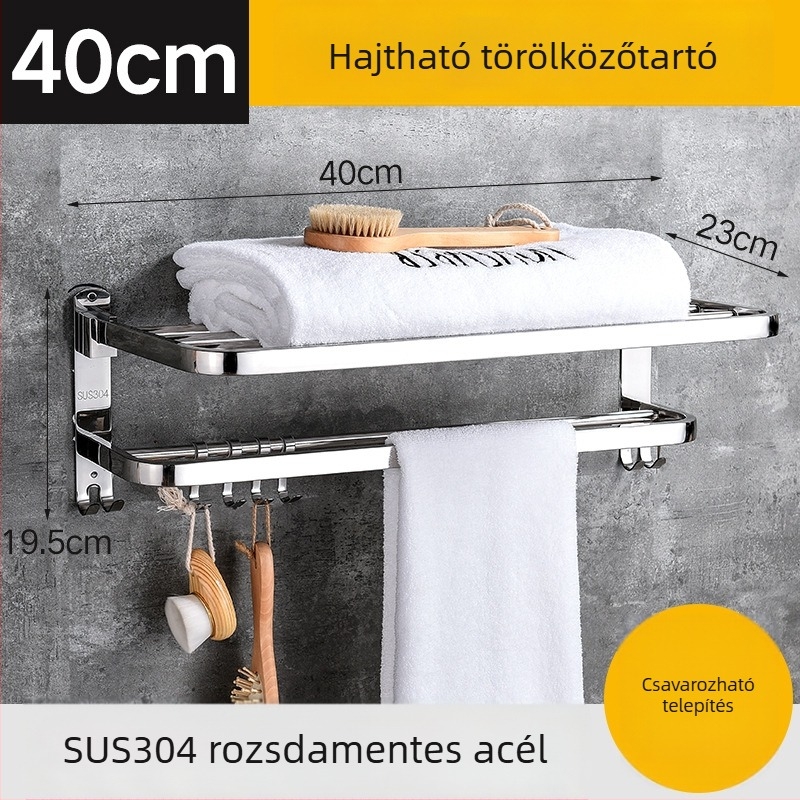 304 rozsdamentes acél hajtogatható törölközőtartó, falra szerelhető, 2 szint, teherbírás 50 kg