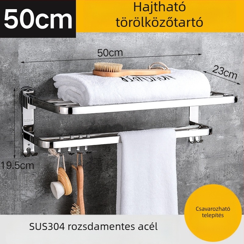 304 rozsdamentes acél hajtogatható törölközőtartó, falra szerelhető, 2 szint, teherbírás 50 kg