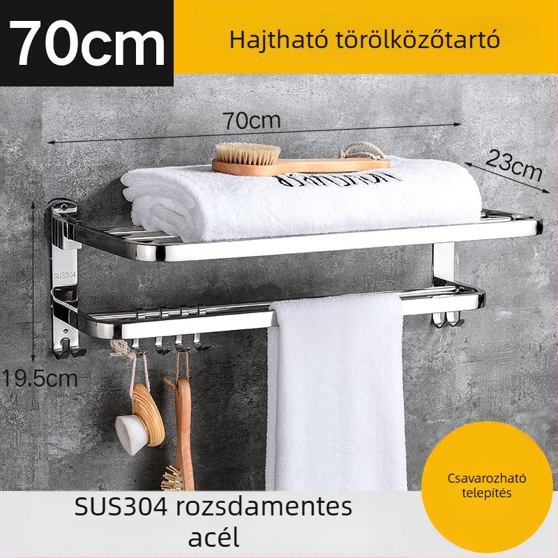 304 rozsdamentes acél hajtogatható törölközőtartó, falra szerelhető, 2 szint, teherbírás 50 kg