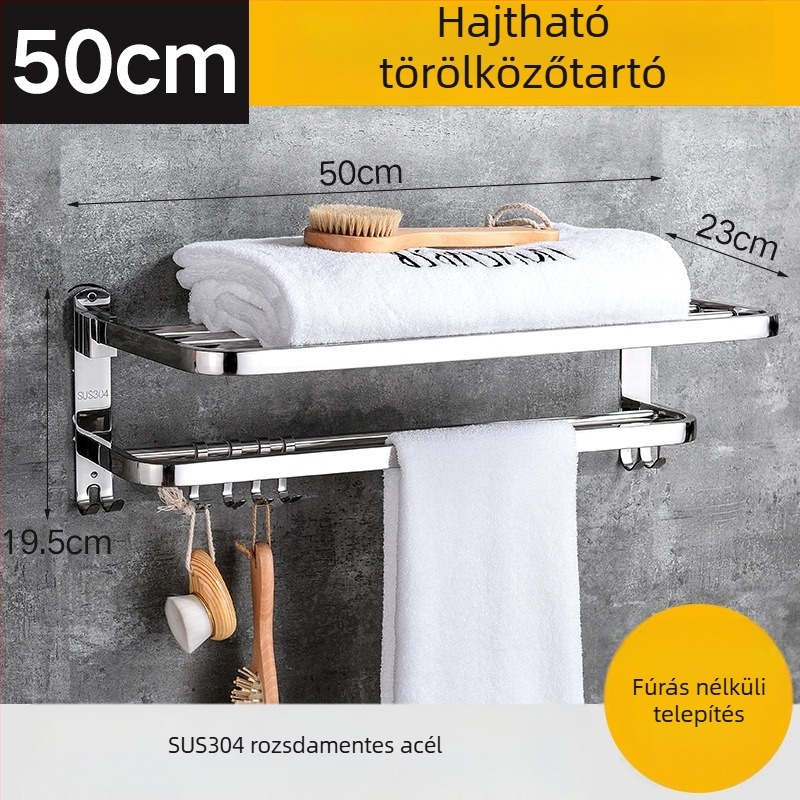 304 rozsdamentes acél hajtogatható törölközőtartó, falra szerelhető, 2 szint, teherbírás 50 kg