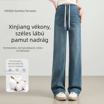 Terhes nőknek szánt denim széles lábú nadrág, földig érő, laza szabás, 95% pamut, őszi 2025