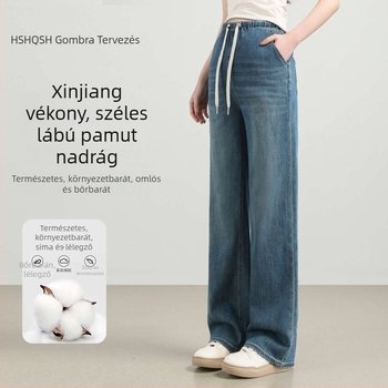 Terhes nőknek szánt denim széles lábú nadrág, földig érő, laza szabás, 95% pamut, őszi 2025