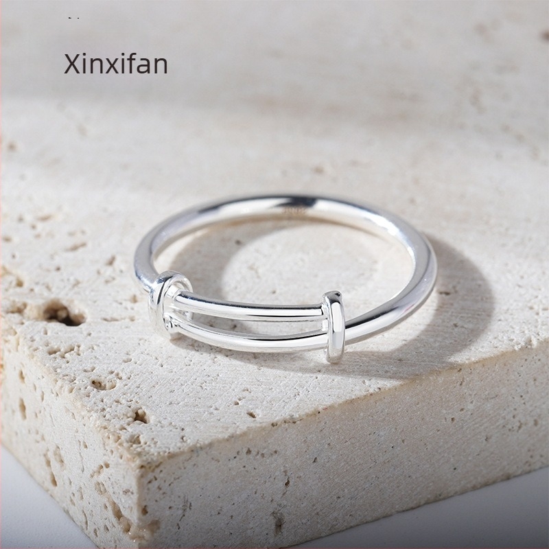 925-ös ezüst gyűrű, teleszkópos Push-Pull mechanizmus, állítható, uniszex, körkörös rúd dizájn