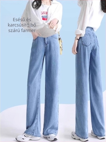 Anyasági denim széles lábú nadrág, tavasz-nyár, vékony anyag, magas derék, pocak támogatás, laza szabás, plusz méret