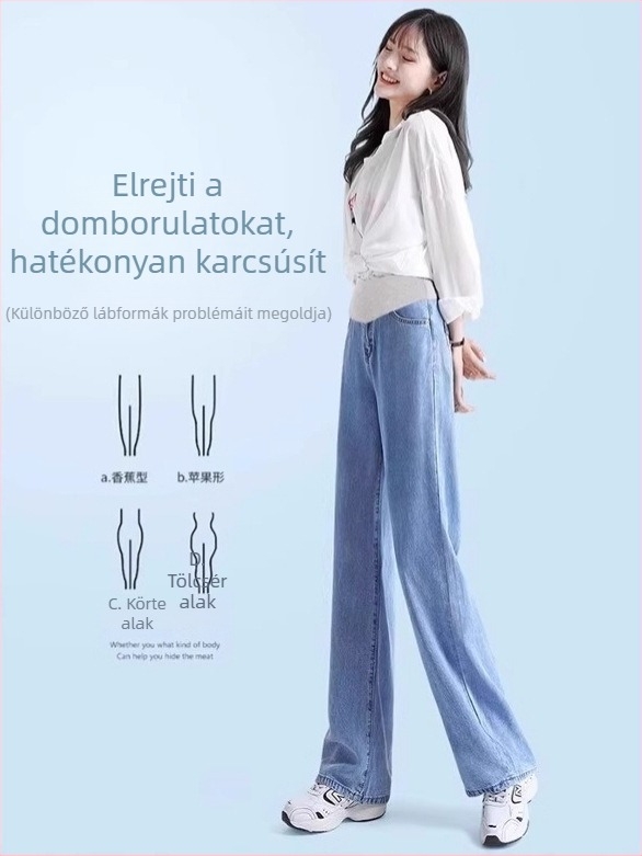 Anyasági denim széles lábú nadrág, tavasz-nyár, vékony anyag, magas derék, pocak támogatás, laza szabás, plusz méret